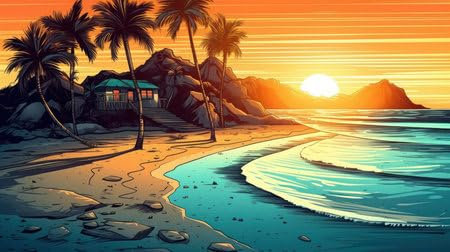 adrium Acryl-Bild 90 x 50 cm: Tropischer Strand bei Sonnenuntergang mit Palmen. Vektorillustration. (203917839)