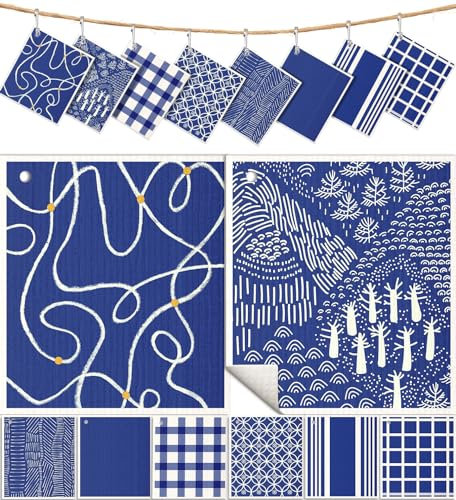 Miss Adola 8 Pack Reusable Kitchen Swedish Dishcloths for Washing Dishes Cloths Absorbent Fast Drying Cleaning Sponge Cute Decorate Washable Swedish Towels, Blue Line