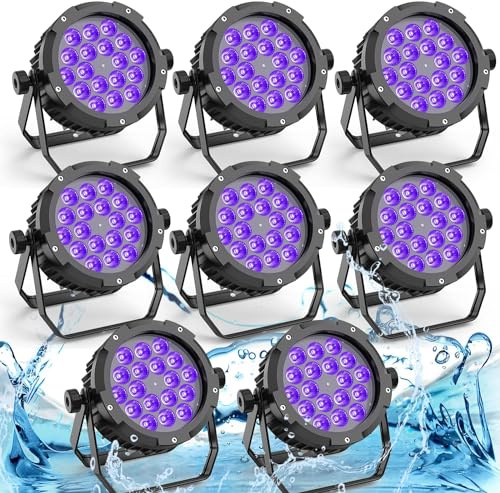 PUZILOZA 8PCS Wasserdichtes LED Par RGBWA+UV 6 IN 1, 18 LED Par Scheinwerfer mit DMX 6/10CH Stroboskop Disco Lichteffekte, Bühnenlicht Strahler für Bar, Kirchen, Club, Konzert, Party im Freien