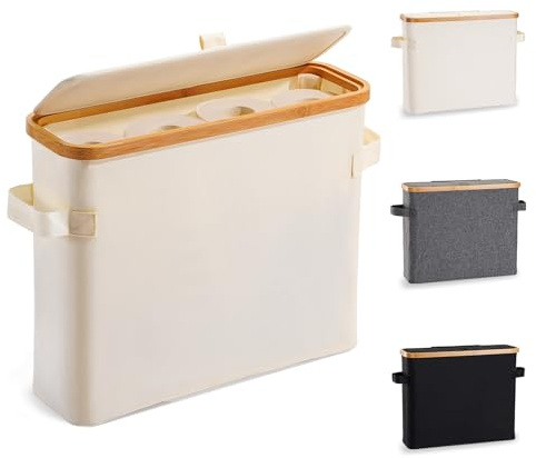 Cesta de almacenamiento de papel higiénico con tapa, soporte organizador de papel de bambú para baño, caja delgada para almacenamiento de rollos de papel higiénico, caja de pañuelos de lona para