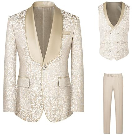 RAJEGAR Paisley - Disfraz para hombre, boda, 3 piezas, Slim Fit Smoking Formal Blazer chaqueta y pantalones para fiestas de boda, cenas de gala, bailes, beige, 50