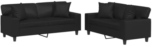 vidaXL Juego de Sofás 2 pzas, Sillones de TV con Cojines, Sofás de Descanso Relax, Asientos Tapizados para Salón Hogar, Cuero Sintético Negro