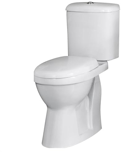 Balterley Close Coupled Toilet with Cistern & Soft Close Seat, Bathroom Toilet Cistern with Comfort Height Round Pan & Push Flush Button, WC Toilets for Bathrooms - 380mm x 650mm x 860mm (White)