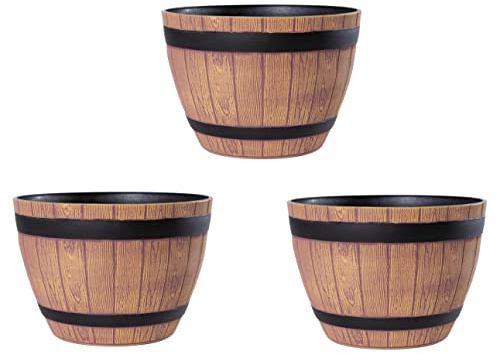 Jinfa 3 Maceteros Grandes Exterior de plástico Efecto Madera | Color Nogal | Diseño Media Barrica | Ø 38 cm