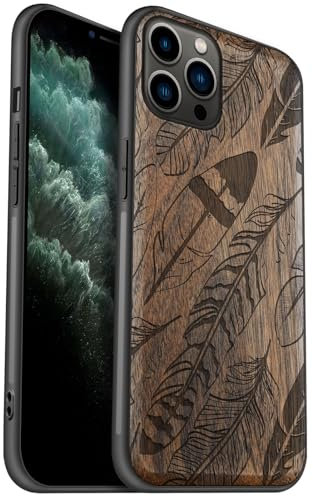Carveit Coque en Bois pour iPhone 11 Pro Étui Protection Artistique Cover TPU Souple de téléphone Antichoc Compatible avec Apple 11 Pro Etui (Noyer-Tableau à Plumes)