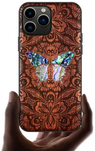 Carveit Etui pour iPhone 11 Pro Coque [Bois et Incrustation de Coquille] Souple TPU de Téléphone Compatible avec Apple 11 Pro Étui (Rosé-Papillon Baroque)