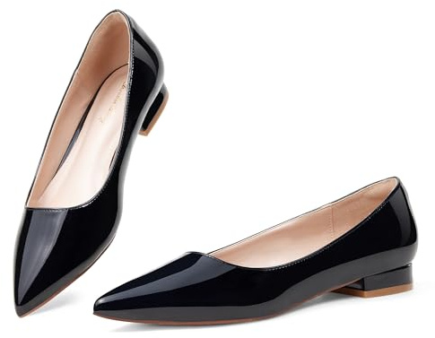 Zhabtuc platta ballerinaskor för kvinnor sko med spets tåparti eleganta slip-on-skor med låg klack bröllopsskor arbetsskor affärsskor, 36–42 EU, Svart lackläder, 41 EU