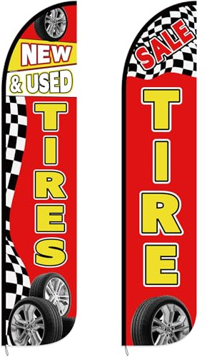 HunnmingRe 2 Pack 12 Feet Tire Sale King Flags New and Use Tires Shop Feather Flags for Businesses Highly Visible Weatherproof Polyester Banner Sale Advertising Sign No Flagpole Include(Fashionable)