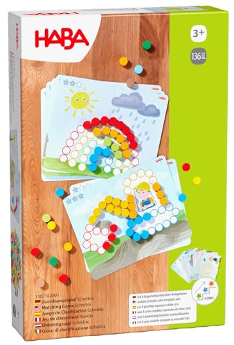 HABA Zuordnungsspiel Scheibix – Motive mit bunten Holzspielsteinen nachbauen, inkl. vielseitiger Vorlagekarten, Lernspiel ab 3 Jahren – 1307162001