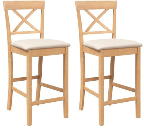 vidaXL Barhocker mit Kissen 2 STK. Natur Massivholz Gummibaum, Stuhl, Küchenhocker, Kneipenstuhl, Bistrostuhl, Restaurantstuhl, Tresenstuhl