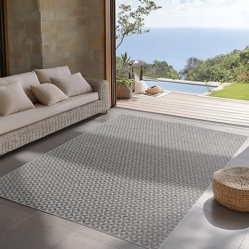 SIMPEX Indoor Outdoor Teppich Grau 140x200 cm Läufer, UV-beständig, Ideal für Küche, Balkon, Terrasse, Wohnzimmer und Esszimmer, Karo-Design im Boho-Stil