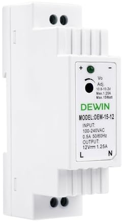 DEWIN Fuente de Alimentación 12V DC 1.25A 15W, Transformador 220V a 12V Fuente de Alimentación Conmutada AC 100-240V a DC 12V de Montaje en carril DIN, DEW-15-12