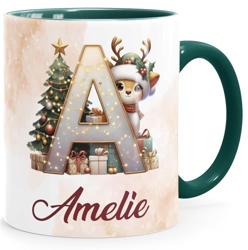 SpecialMe® Tasse Weihnachten Buchstabe Initiale personalisiert mit Namen Geschenk Nikolaus Advent Weiss-innen-gruen standard