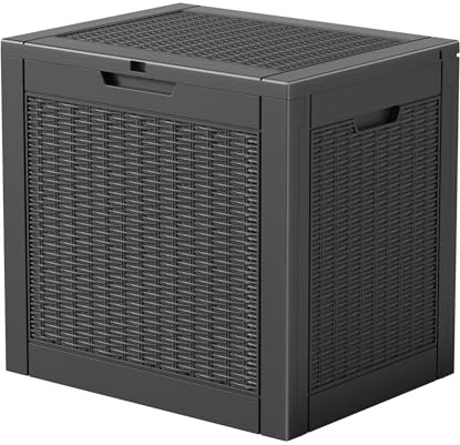 Vidacharmy 118L Capacity Outdoor Garden Plastic Storage Box Small Balcony Furniture - Lockable with Padlock Lock, Safe and Secure, Weather Resistant, Wood Panel Look Deck Chest for Tools, Toys & More