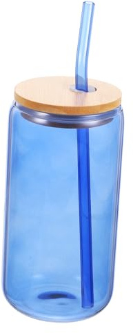 VALICLUD Vaso De Vidrio Transparente Con Pajita y Tapa Diseño Reutilizable Para Agua Café y Bebidas Frías Capacidad Color Azul