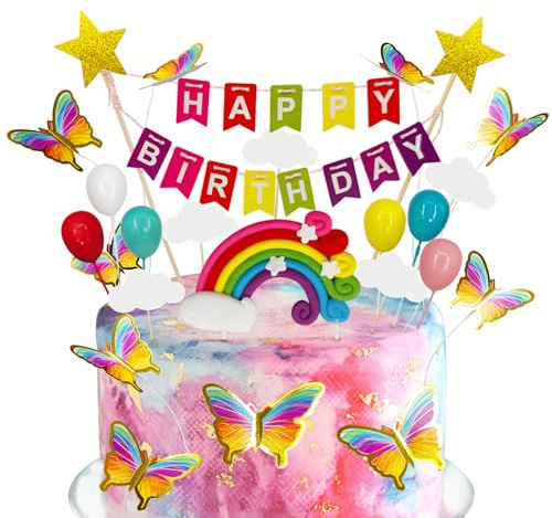Rainbow Butterflies Cake Topper Decorations, 23 PCS Birthday Cake Topper Bunting Set, DIY Easy Vibrant Colors Versatile for Birthday Party Cake Decoration Theme Decor