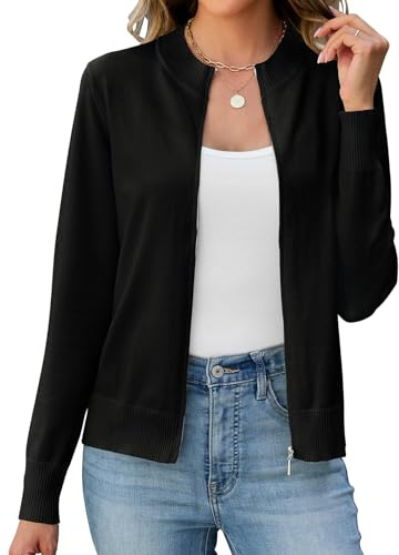 Enqoole Damen Elegant Langarm Strickjacke V Ausschnitt Leicht Strickmante Lässige Sportjacke mit Reißverschluss Outwear Schwarz L