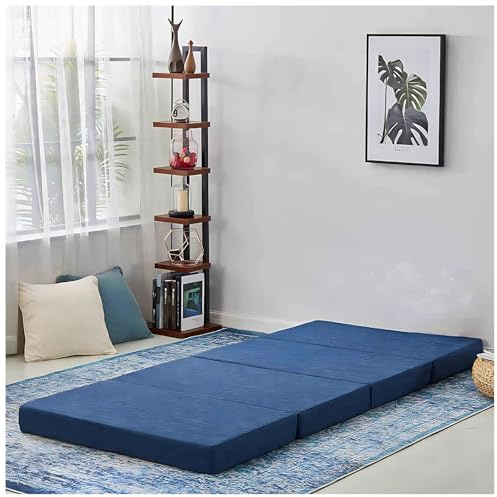 Colchón plegable azul claro de 90 x 200 cm, 10 cm de grosor, cama futón de 4 pliegues con funda lavable, tapete portátil para dormir para invitados, dormitorio, sala de estar, coche, tienda de campaña