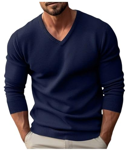 Generisch Jersey para hombre con cuello de pico, fino, ajustado a la figura, jersey de punto de manga larga, informal, suéter de invierno, cómodo, transpirable, elástico, prendas de punto superiores