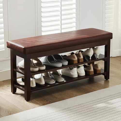 Abbrevi 40 Shoe Bench with Leather Cushion, 2-Tier Shoe Rack Entryway Bench, Wood Bench for Front Door Entrance, Mudroom, Hallway, Wooden Shoe Shelves, Shoe Organizer, Shoe Storage, Brown