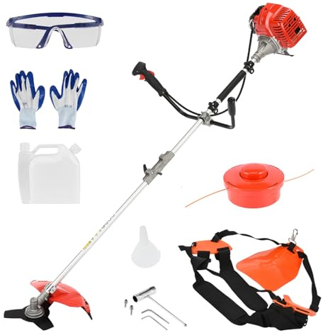 52cc Benzin Motorsense Rasentrimmer, Freischneider mit 3-Zahn-Messer, Wildkrautbürste, Fadenmähkopf, Gartengerät mit 1,2L Tank und 2-Takt-Motor, Multifunktionstool (Orange)