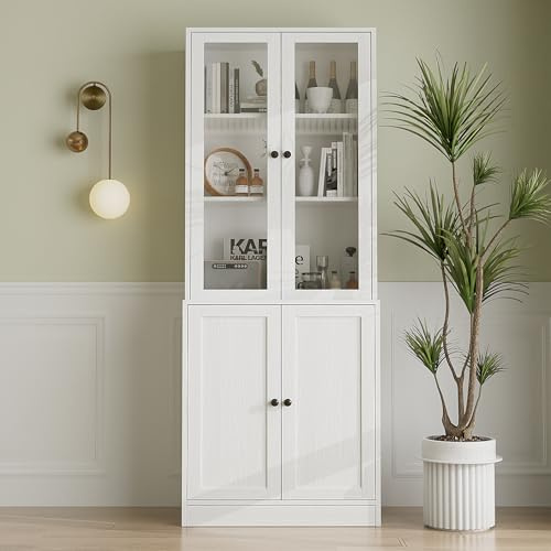 VOWNER Biblioteca de 5 pisos con puertas de vidrio - 180 cm - Armario alto - Armario aparador para cocina, salón, comedor - A (blanco)