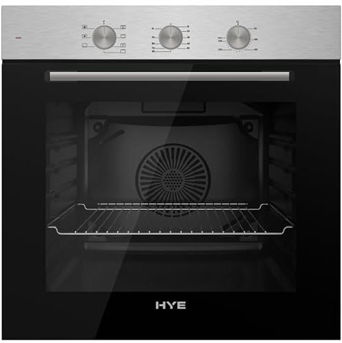 HYE 60cm Built-In Electric Fan Oven - Stainless Steel & Black Glass Door | Double-Layer Low-E Glass Door, 7 Versatile Cooking Functions, Enamelled Frame & Embossed Racks, Timer & Cooling Fan