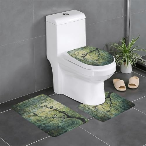 Set di 3 tappetini da bagno antiscivolo, 61 x 40,6 cm, motivo: uccelli WHJDPP che canticchiano sul bordo del salice, tappeti ovali e rettangolari per WC, toeletta e servizi igienici