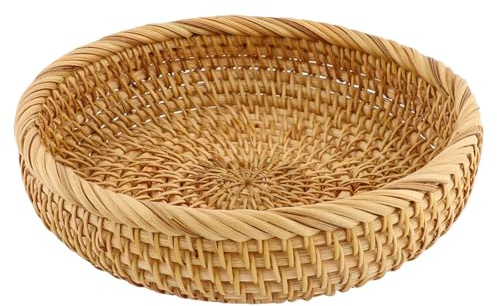 Small Hand Woven Rattan Basket,Natural Wicker Bread Basket for Fruit and Vegetable Storage, Wicker Serving Basket Bowl for Kitchen Counter Organising(19.5 x 5.5cm)