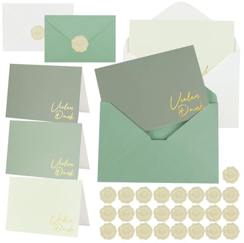 DATIFF 48TLG Dankeskarten mit Umschlag und Gold Siegel Aufkleber, Salbeigrün Dankeschön Karte Vielen Dank Thank you Postkarten für Konfirmation Jugendweihe Hochzeit Geburtstag Goldene Hochzeit
