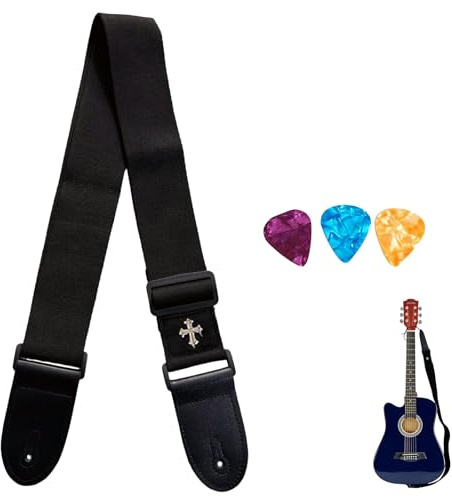 Nify Gitarrengurt Set 6-teilig, verstellbarer Guitar Strap mit Plektrumfach, Leder-Headstock-Adapter, Strap-Lock Ring, 3 Plektren, Befestigungsband, für Akustik-, Western-, E-Gitarre & Bass