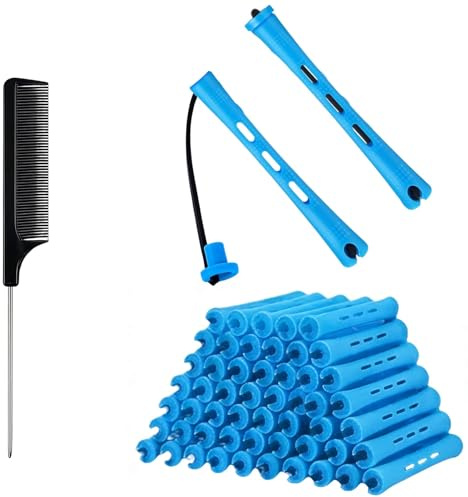 Perm Rods, 61Pcs Small Size Hair Curlers, Blue Hair Perming Kit, 0.35 Inch Perm Rollers Includes One Comb, Perming Rods for Long Short Hair Natural Hair Styling Tool Women & Men