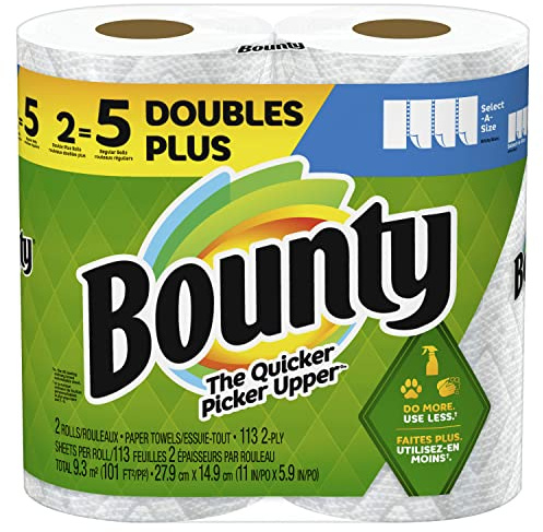 Bounty Select-A-Size Paper Towels, White, 2 Double Plus Rolls = 5 Regular Rolls