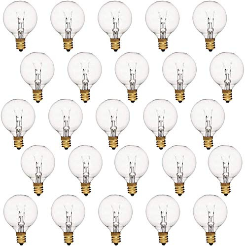 25 Pack G40 Incandescent Replacement Light Bulbs: 7 Watt G40 Globe Bulbs for Outdoor Chritsmas String Lights, C7/E12 Candelabra Screw Base Salt Lamp Night Lights Bulbs, Indoor/Outdoor Use, Warm White
