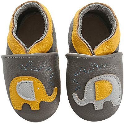 koshine krypskor/babyskor av mjukt läder för barn, inneskor, tofflor, 0–3 år (grå, 18), elefant, 18/19 EU