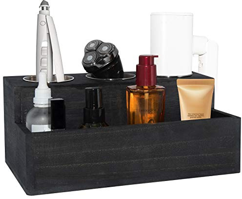 Wooden Hair Dryer Holder - Rustic Hair Tools Organizer with 3 Circular Holes and 1 Compartment, Bath Accessories Supplies Organizer for Bathroom Vanity Countertop Storage Hair Dryer, Vintage Black