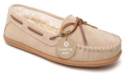 Minnetonka Women�s Camp Tie Moc � Cozy, Suede Moccasin Slippers for Women with Plush Pile Lining, Cushioned Footbed, and Durable Sole for Indoor & Outdoor Comfort, 8 M Stone