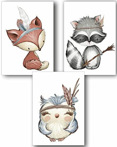 Manschin-Laserdesign 3er Set Wandbilder Kinderzimmer Poster | Din A3 & Din A4 | Babyzimmer Deko Mädchen Jungen Bilder Dekoration Aquarell Waldtiere skandinavisch (Din A4, P1000)