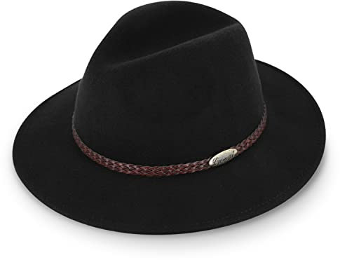 fiebig Casual Traveller Wollfilzhut | Crushable & Waterproof Rollhut mit geflochtener Lederbandgarnitur (56-M, Schwarz)