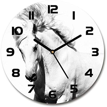 Tulup Glasuhr ⌀ 60cm - Schwarze Zeigern - Wanduhr Wandkunst Bild Gehärtetem Glas Uhr Echtglas Küche Wohnzimmer - Weißes Pferd