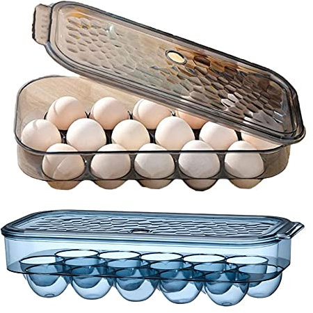 WDDP 2 Piezas Huevera para Frigorífico, Uevera de Plástico para la Nevera, Caja de Almacenamiento de Huevos, Huevos con Tapa Nevera, Capacidad ​para 16 Huevos, Mantiene Los Huevos Frescos(Azul/Negro)