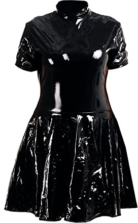 Rubberfashion Sexy Kleid Lack Damen - Skater Outfit - Frauen Minikleid Kurzarm - Slip mit Reissverschluss - Maid Dress Woman Lack schwarz
