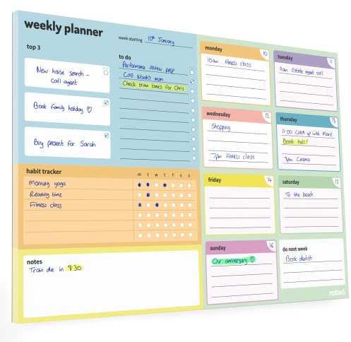 Noted Bloc de planification hebdomadaire A4 - 52 feuilles non datées - Pour le travail, le fitness, la révision des étudiants et la planification des repas - Papier coloré 100 g/m²
