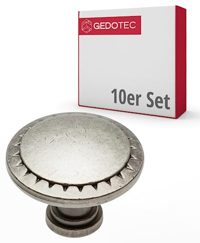 Gedotec Möbelknöpfe Metall | 10 Stück | Ø 30,5 mm | Türknopf für Schränke - Silber antik inkl. Befestigungsmaterial I SUN I Knöpfe für Küchenschränke - vintage Stil I Schrankgriffe Türgriffe Möbel