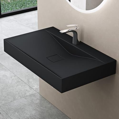 doporro Waschbecken Waschtisch Mineralguss 80x48x10cm in Matt Schwarz | Design Aufsatzwaschbecken Hängewaschbecken Waschplatz, DIN-Anschlüsse | Einfache Montage, Colossum810