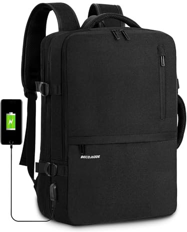 BECOJADDE Handgepäck Rucksack Flugzeug mit Laptopfach Business Laptop Rucksack Herren Arbeitsrucksack Reiserucksack Backpack für 17 Zoll Laptop, Schwarz