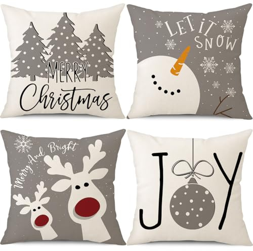 PSDWETS Christmas Pillow Covers 18x18 Set of 4 Christmas Decorations Snowman Deer Tree Winter Holiday Decor Throw Cushion Case for Home Couch