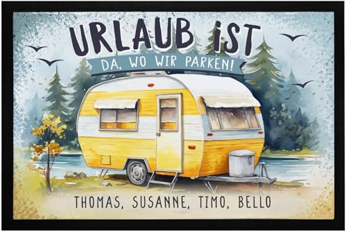 SpecialMe® Fußmatte Camping Spruch Urlaub ist da wo wir parken Wohnwagen mit Namen Familie rutschfest & waschbar Schwarz 60x40cm