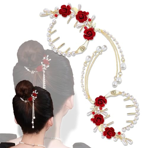 Snowtain Perle Rose Haarklammer, 2 Pcs Pferdeschwanz Schnalle für Haarstyling Zubehör, Pferdeschwanz-Haarspange mit Perlenquasten für Frauen, Braut Hochzeit