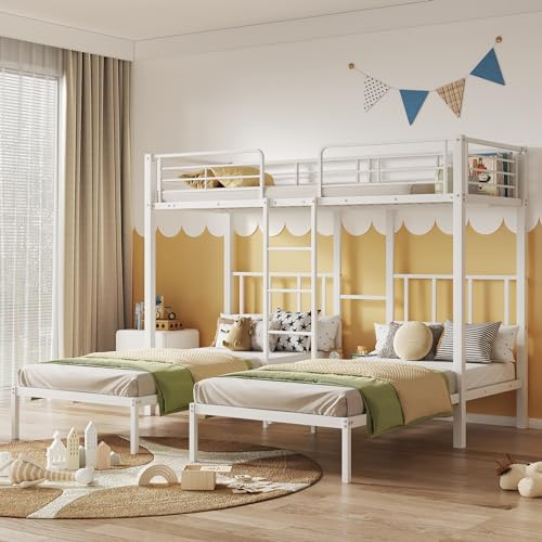 Moimhear Dreierbett, Dreifaches Etagenbett mit Leiter für Kinder und Jugendliche, Eisenbett mit Fallschutzgitter und Tisch,weiß (90x200cm*3)